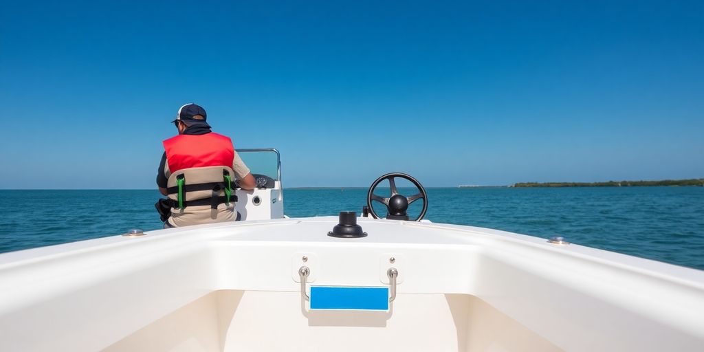 A boat on calm water with a person at the helm.