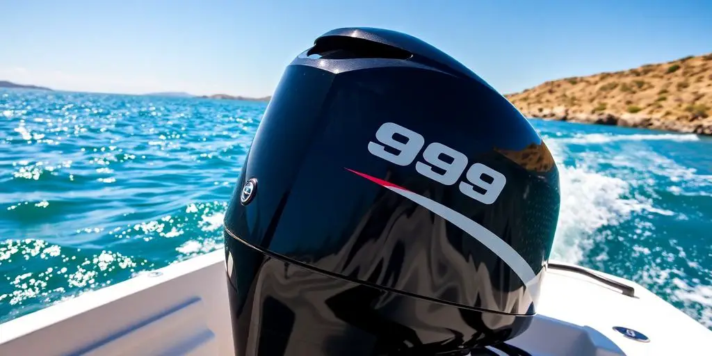 9.9 HP outboard motor on a boat in water.