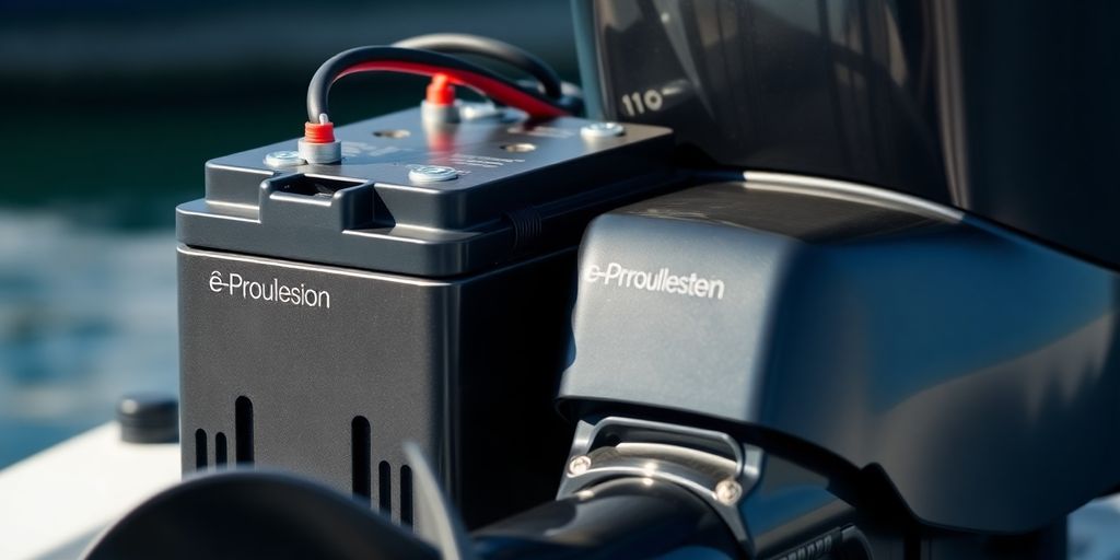 Battery connected to electric outboard motor.