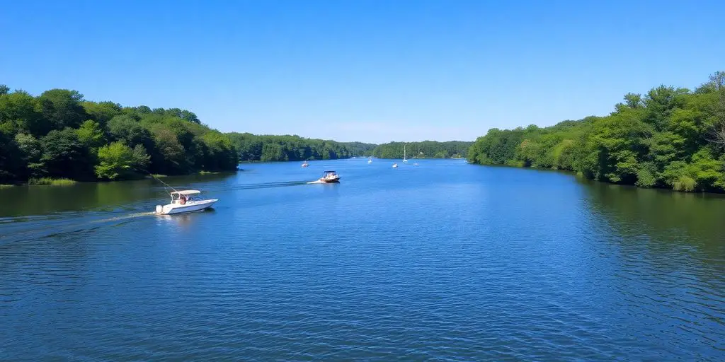 Serene lake with boats and green trees in Illinois.
