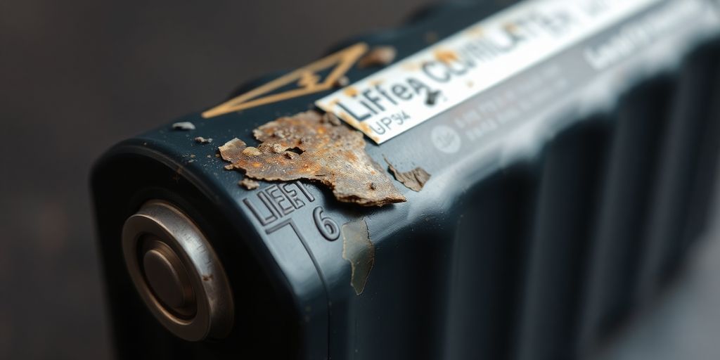 Corroded LiFePo4 battery showing signs of failure.