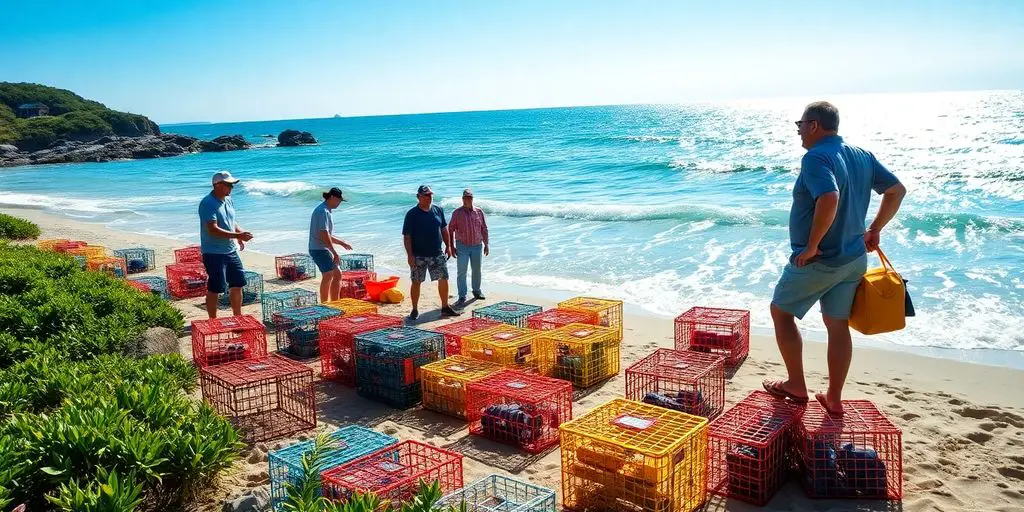 Fishermen crabbing on a sunny beach with colorful traps.