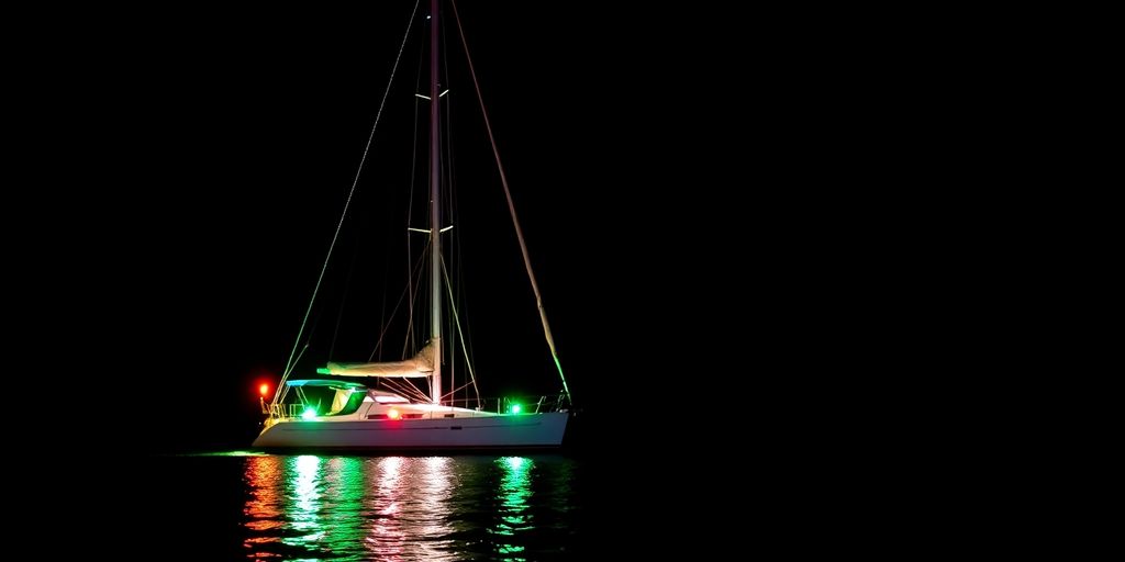 Sailboat at night with navigation lights glowing brightly.