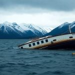 Capsized boat, Alaskan coastline, solemn sky.