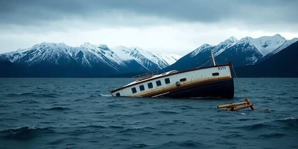 Capsized boat, Alaskan coastline, solemn sky.