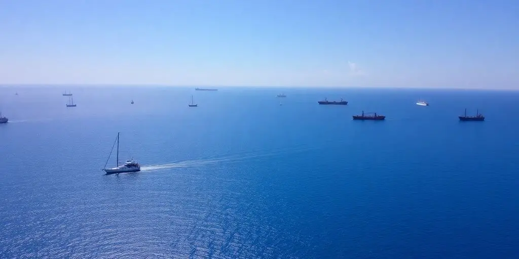 Various boats and ships on vast blue ocean.