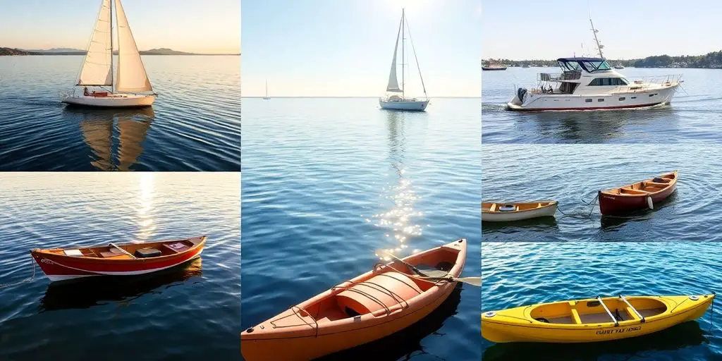 Diverse boats on water: sailboats, motorboats, kayaks, canoes.