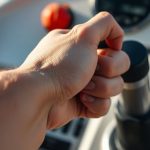 Person's hand on boat throttle.