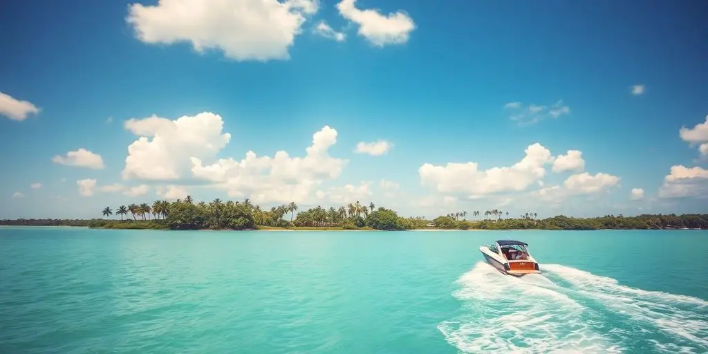 Boat on clear lake, Florida palm trees.