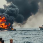 Boat on fire near island, people in water.