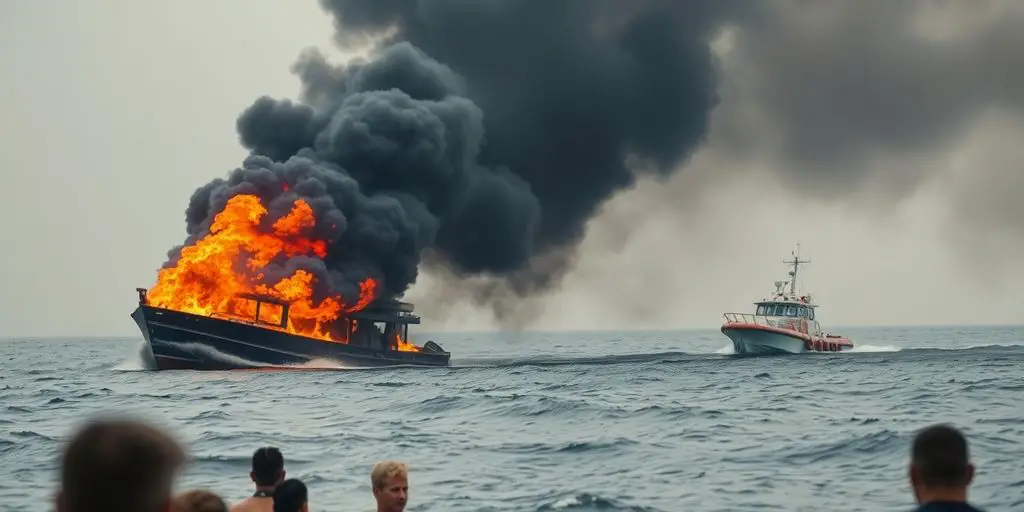 Boat on fire near island, people in water.