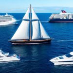 Various ships sailing on blue ocean waters.