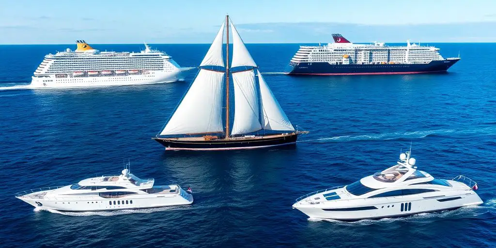 Various ships sailing on blue ocean waters.