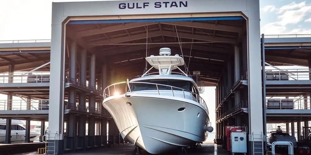 Robotic system lifts boat in dry stack marina.