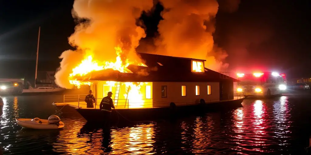 Emergency services at night boat fire.