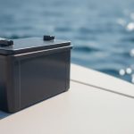 Lithium trolling motor battery next to a boat.