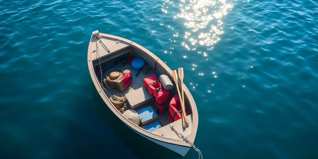 Small boat with essential gear floating on water.