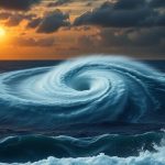 Hurricane swirling over ocean, sunlit horizon.