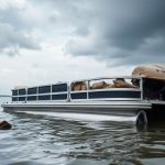 Broken pontoon boat adrift, engine issues, cloudy sky.