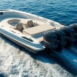 Three electric outboard motors propelling a boat.