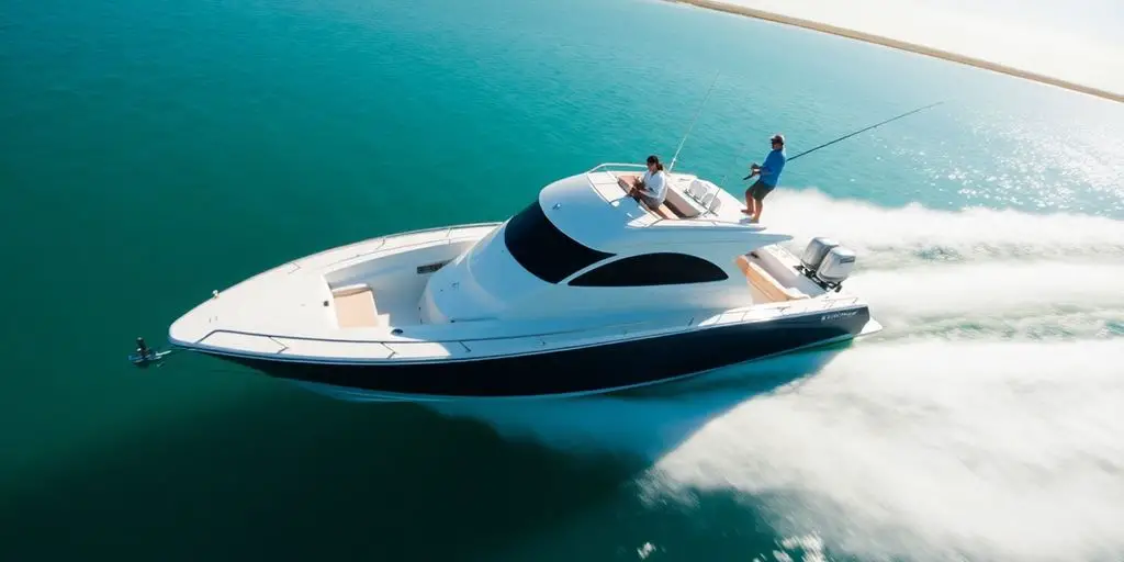 Sleek fishing boat on calm blue water.