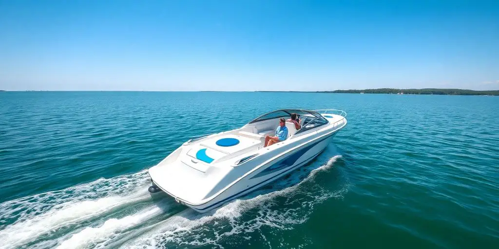 Sleek new boat on calm water.