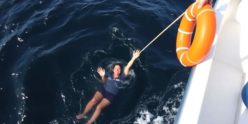Person in water near boat, life ring.