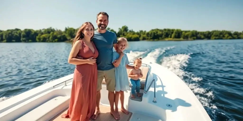 Family on new boat, smiling
