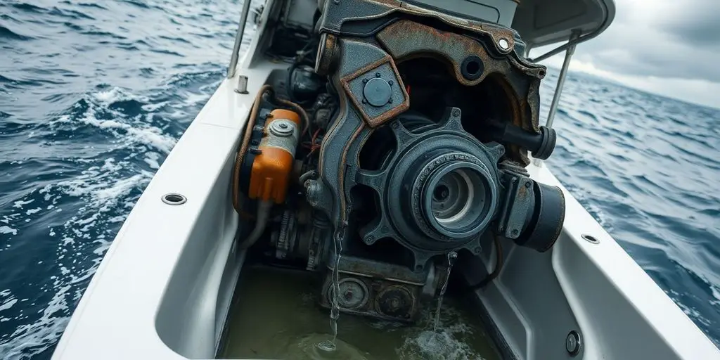 Broken sterndrive engine, boat