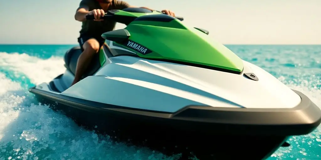 Yamaha jet ski speeding across blue water.
