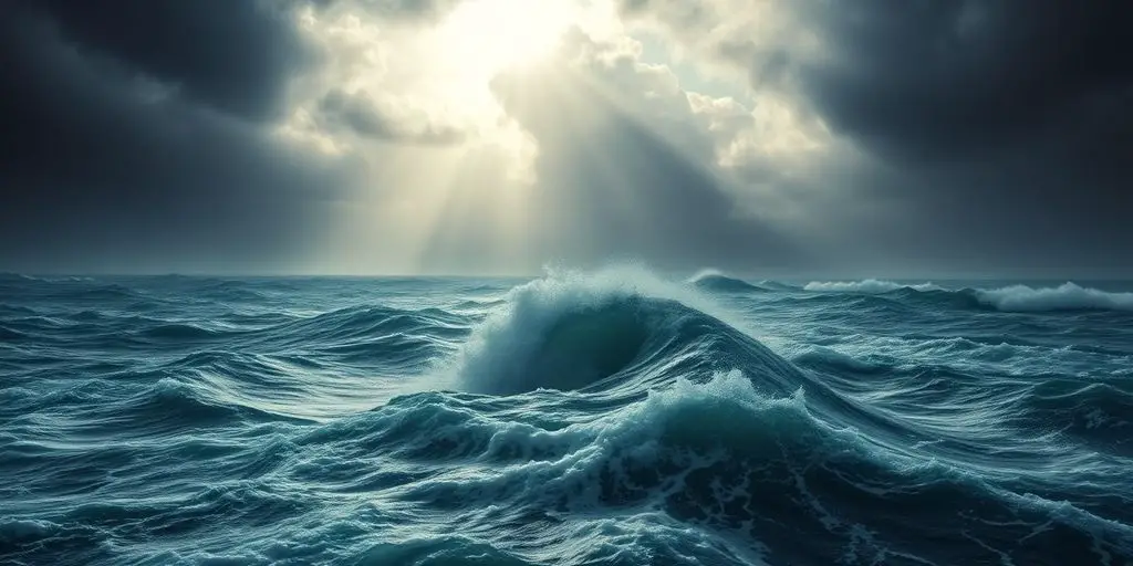 Hurricane swirling over ocean, bright sun