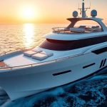 Sleek yacht cruising blue waters, golden hour light.