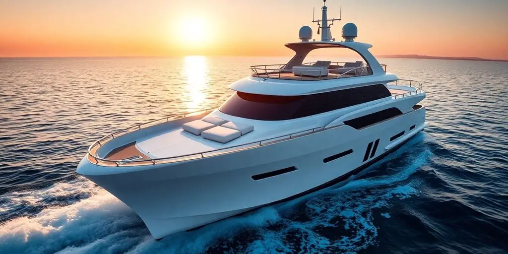 Sleek yacht cruising blue waters, golden hour light.