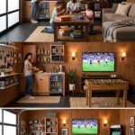 A family relaxes together in a cozy garage with seating, games, a television, and organized storage.