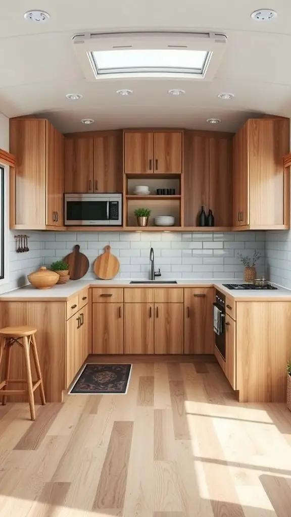 A cozy and modern houseboat kitchen with wooden cabinets, a sink, and a small dining area.