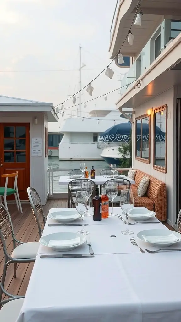 An outdoor dining area on a houseboat with a table set for a meal, surrounded by water and a cozy atmosphere.
