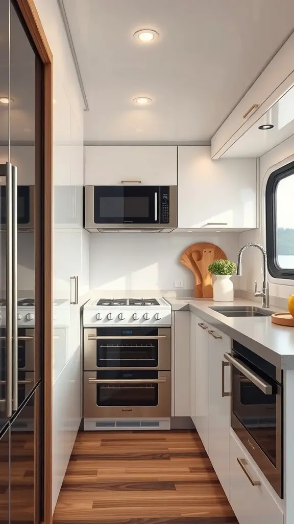 A modern kitchen on a houseboat featuring built-in appliances and a scenic view.