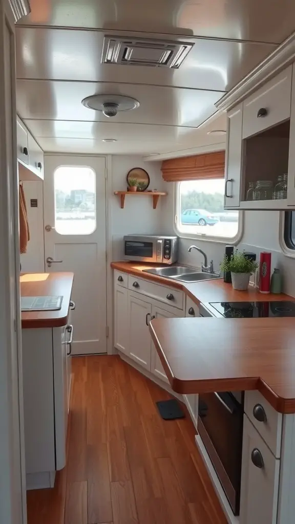 A modern houseboat kitchen with a functional countertop extension.