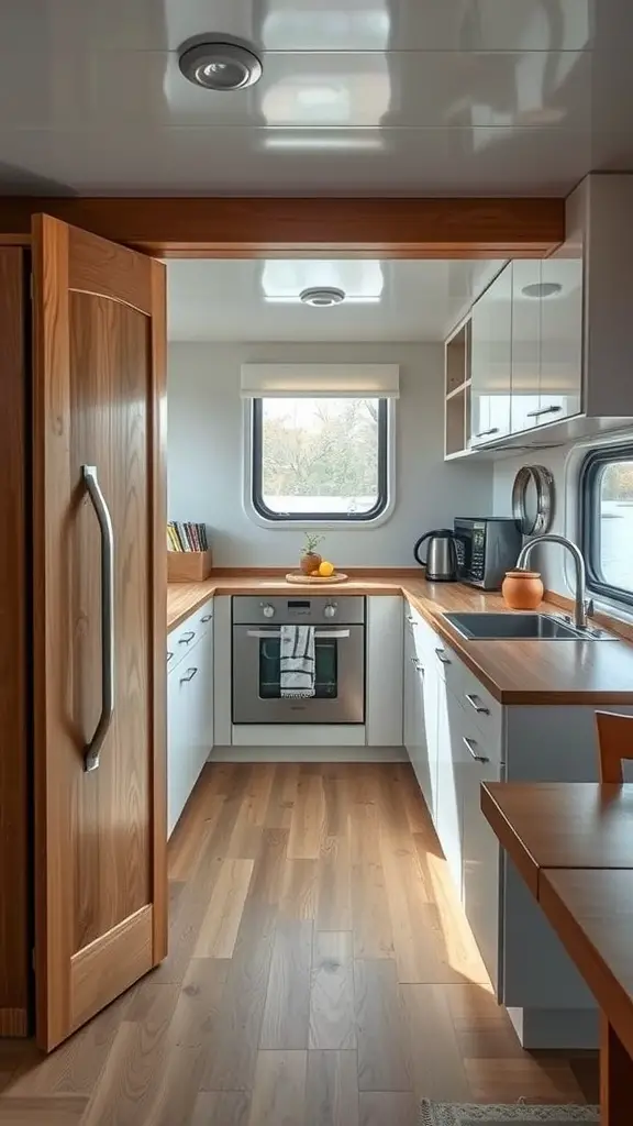 A modern houseboat kitchen with sliding doors, wooden cabinets, and a cozy dining area.