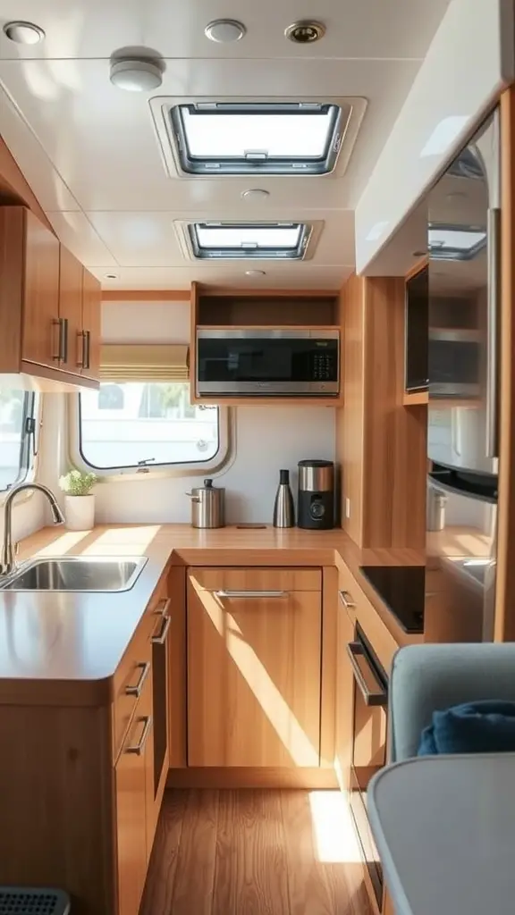 Modern compact kitchen in a houseboat with wooden cabinetry and bright lighting.