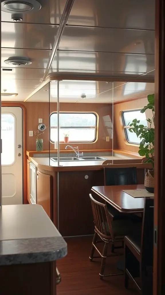 Interior view of a houseboat kitchen and dining area featuring glass partitions.
