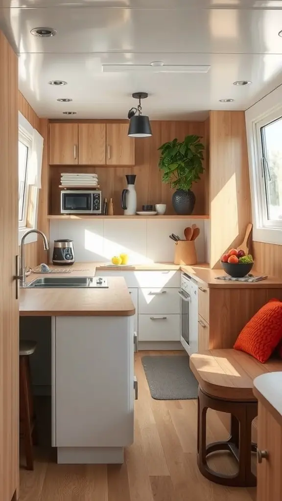 A modern houseboat kitchen featuring light-colored wood and sleek design.