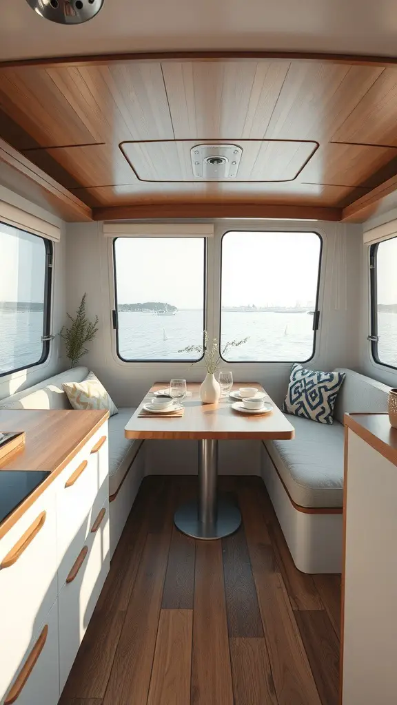 A stylish houseboat kitchen with a dining area, featuring a table and comfortable seating, overlooking a serene water view.