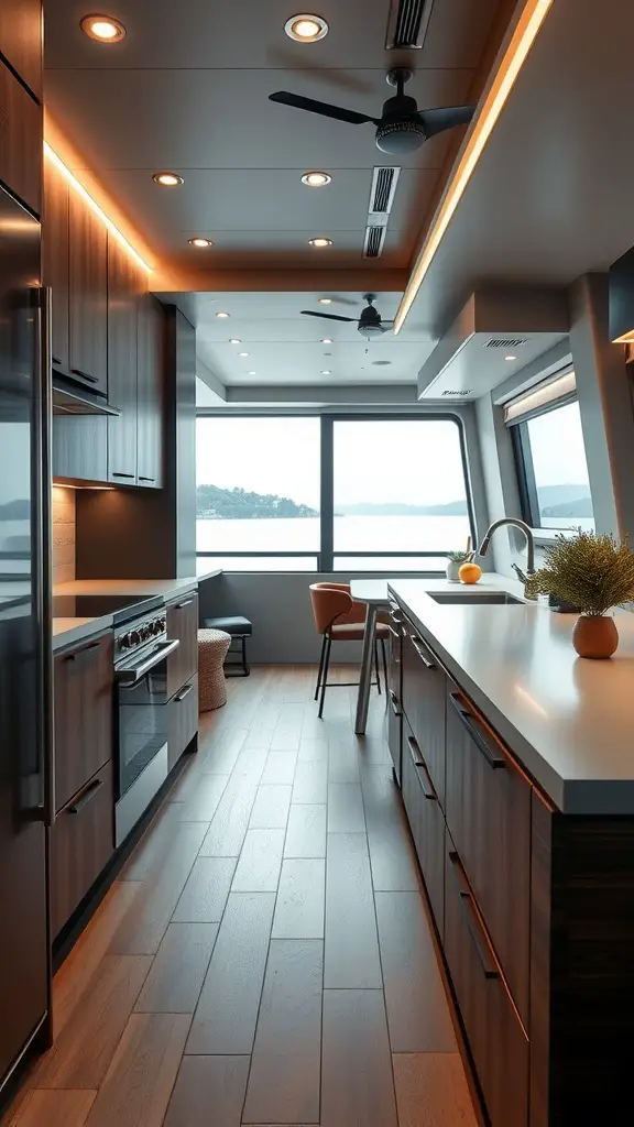 Modern houseboat kitchen featuring sleek appliances and elegant lighting.