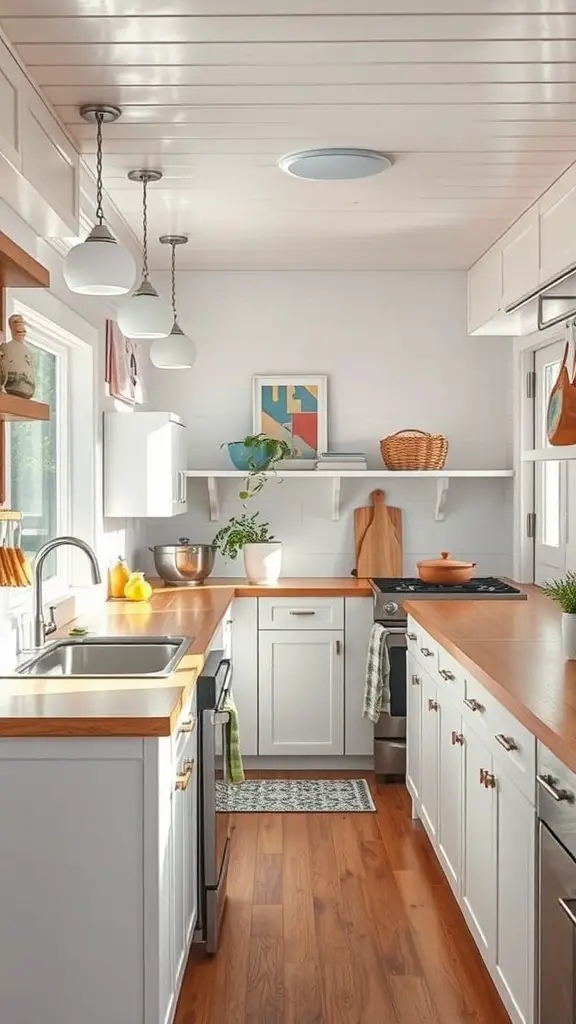 A bright and airy kitchen in a houseboat, featuring white cabinets, wooden countertops, and natural light.