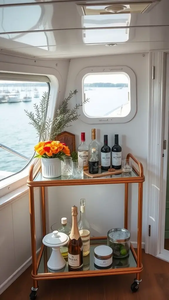 A well-organized bar cart with drinks and flowers on a houseboat.