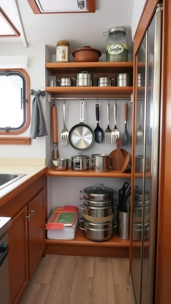 A well-organized houseboat kitchen with shelves holding cookware and utensils.