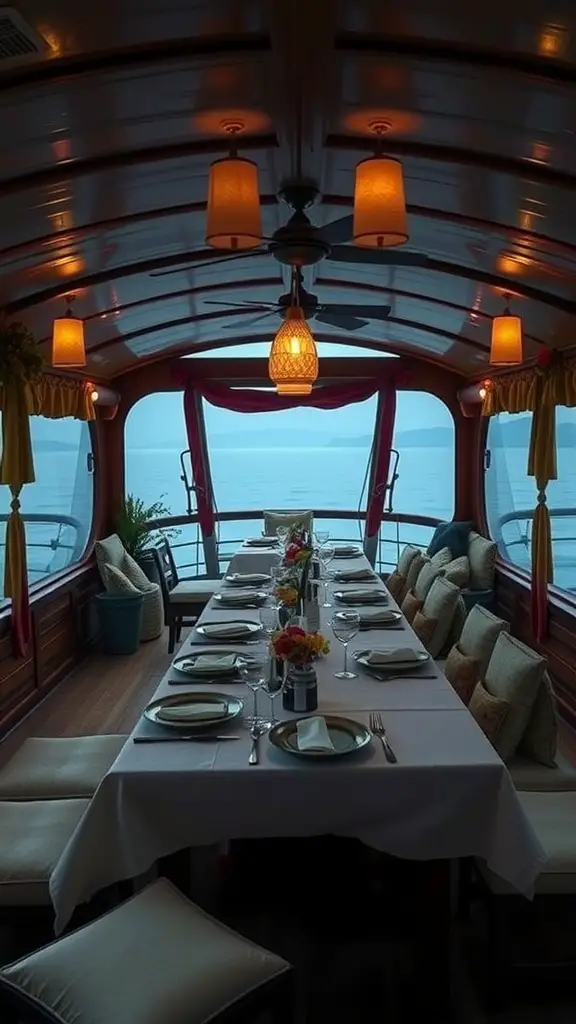 A small houseboat kitchen showcasing vertical storage with open shelves and organized kitchenware.