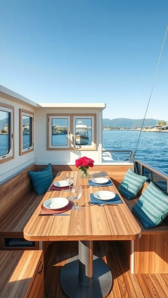 A cozy houseboat dining area with a wooden table, colorful dishes, and a view of the water.