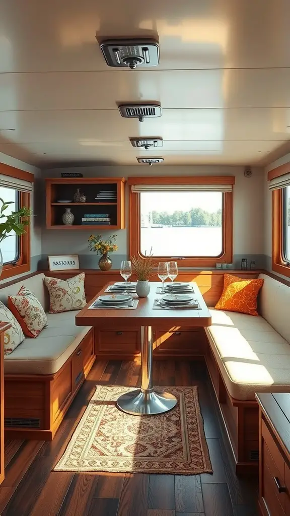 A cozy houseboat dining area with a table, benches, and decorative pillows.